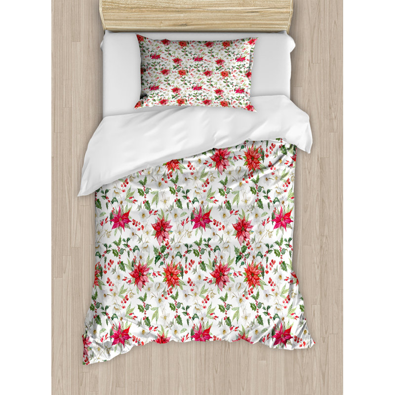 Flower Polyester Duvet Cover, Twin Duvet Cover + 1 Pillow Sham, Poinsettia Rowan