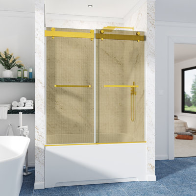 Porte de douche coulissante double sans cadre, 157-170 cm L x 168 cm H, verre feuilleté intimité 10 mm avec couche intérieure armée, roulettes à fermeture amortie