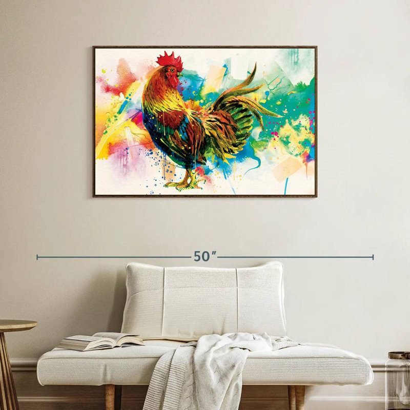 Rooster Paint Splash, Floating Frame Walnut, 40" X 27"