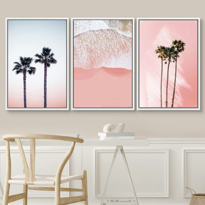 " Palm Tree In The Pink Beach Coastal Photography Beachy Home Artwork Decoration Living Room Bedroom " 3 - Pieces on Canvas