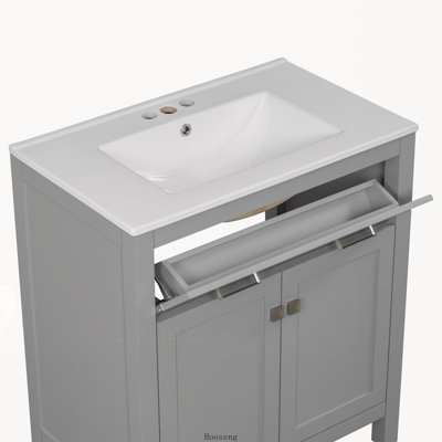 Meuble-lavabo gris de 76 cm (30 pouces) avec lavabo en céramique, 2 portes, tablette et portes à fermeture amortie
