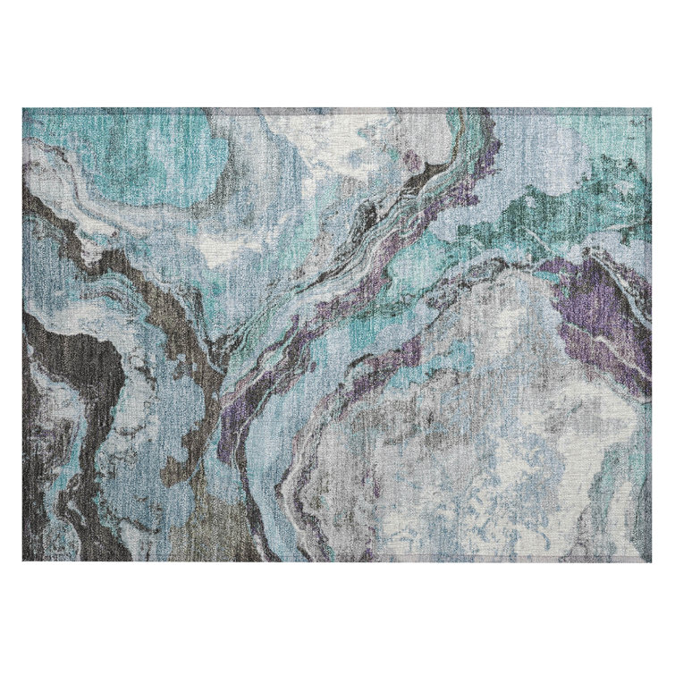 Machine Washable Indoor/Outdoor Xhevrie Teal Rug