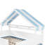 Lit mezzanine double blanc et bleu avec auvent, structure en bois, grand espace de rangement pour équipement de jeu avec toit à baldaquin, construction, accessoires de chambre à coucher-343529459