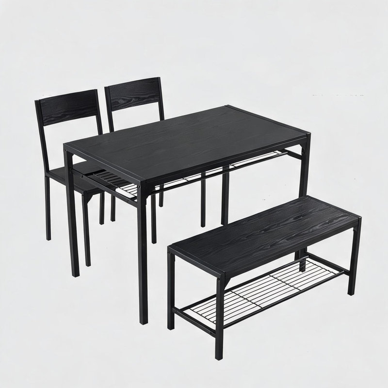 Ensemble de table et de chaises de cuisine en MDF et métal, 110 x 65 x 76 cm, avec rangement et structure en métal.