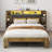 Platform Bed with Storage and Linen Headboard with Bookcase Shelves