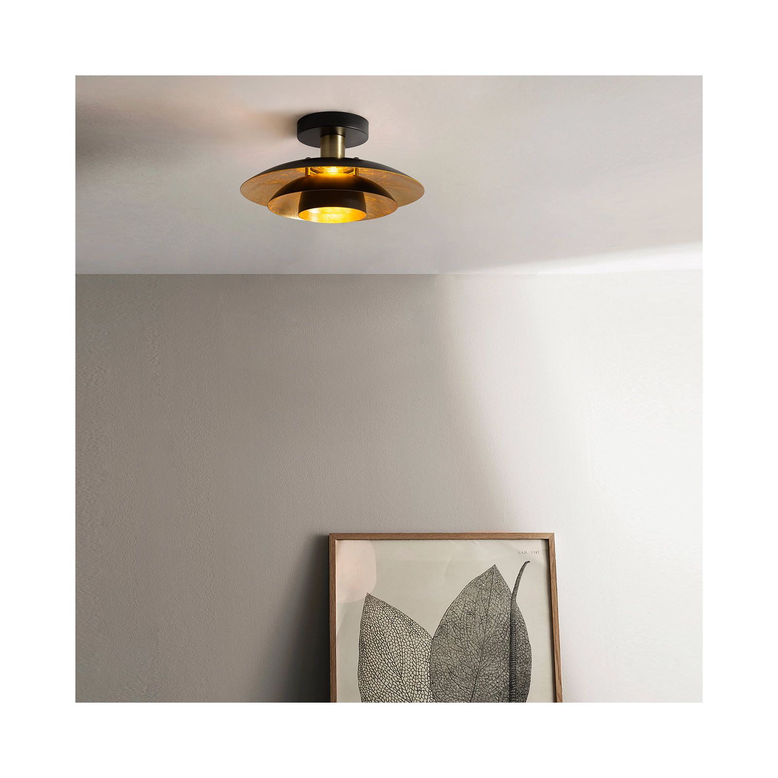 Rancho Mirage Flush Mount Ceiling Light - Matte Black & Gold-Leaf Shade, Weathered Brass