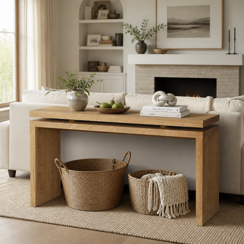 60" Farmhouse Console Table with Two-Tier Open Shelves and Solid Wood Frame, Antique Brown, Antique Brown