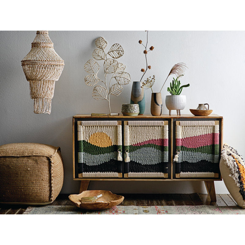 Mango Wood Console with 2 Shelves, 3-Panel Sunset Scene Woven Rope Doors and Tassels