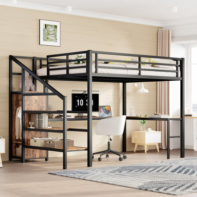 Queen Size Metal Loft Bed with L-Shaped Desk, Wardrobe, Adjustable Shelf & USB, High Loft Bed with LED Wood-Grain for Kids Teens Adults by Latitude Run