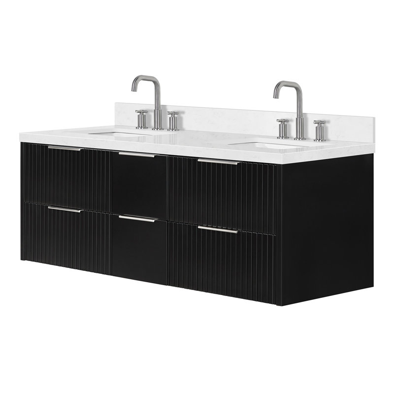 Meuble-lavabo double rectangulaire 60 po avec comptoir à quartz blanc Carrara de 1,5 po Mulloy, Rectangulaire, Noir