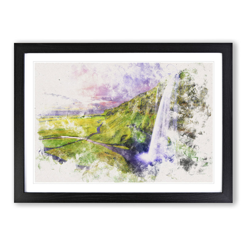 Seljalandsfoss Waterfall Iceland - Picture Frame Painting Print, 62cm H x 87cm W x 2cm D, Black Framed