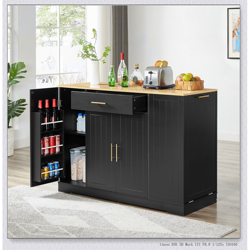 Îlot de cuisine Modern Farmhouse avec tiroirs, rangement pour poubelle et porte à épices avec porte de grange, l 53,2 po x P 20,9 po x H 38 po