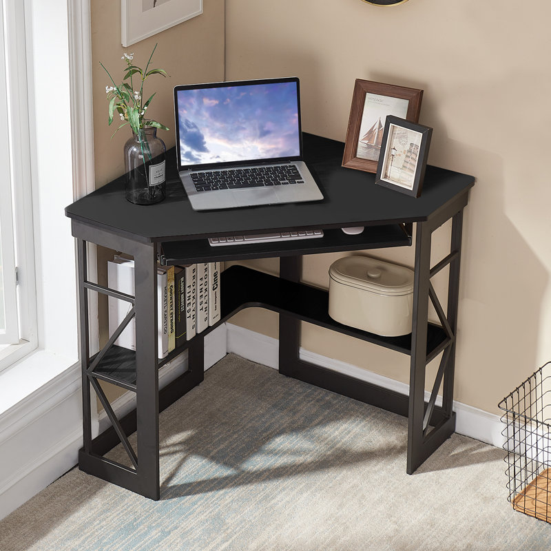 Lambrecht Corner Computer Desk with Smooth Keyboard and Storage Shelves, Farmhouse Triangle Computer Desk for Home Office, Living Room, Bedroom and Small Spaces