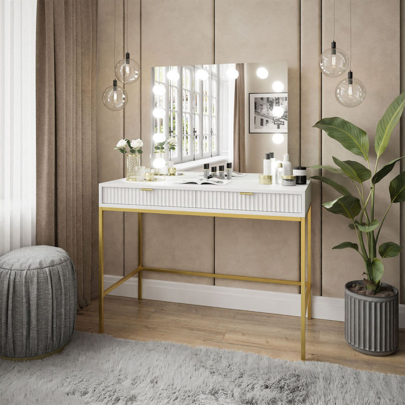 Anges Dressing Table with Mirror, White Matt/Gold