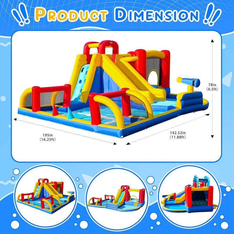 Parc aquatique gonflable 10 en 1, jeu gonflable pour enfants avec longue glissade, piscine et zone de soccer, souffleur d'air de 550 W inclus