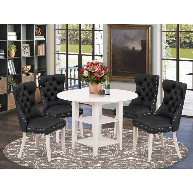 5-Piece Linen White Finish Solid Wood Top - Round Dining Room Set with Dropleaf - Seats 4, Black