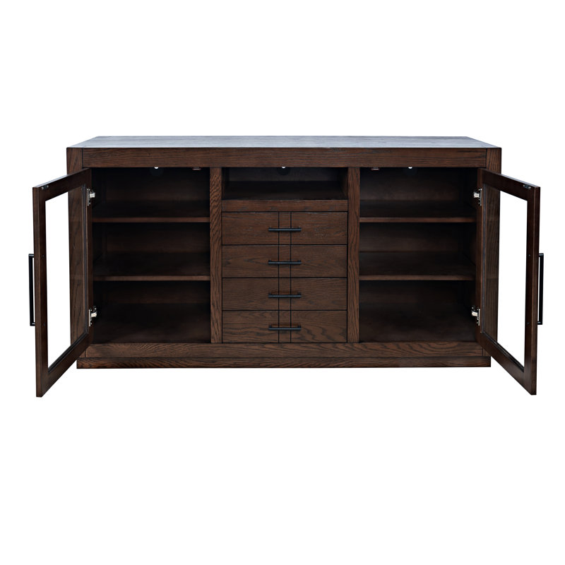 Console média contemporaine 60 po avec portes en verre trempé, tiroirs et tablettes réglables Kavia - chêne clair