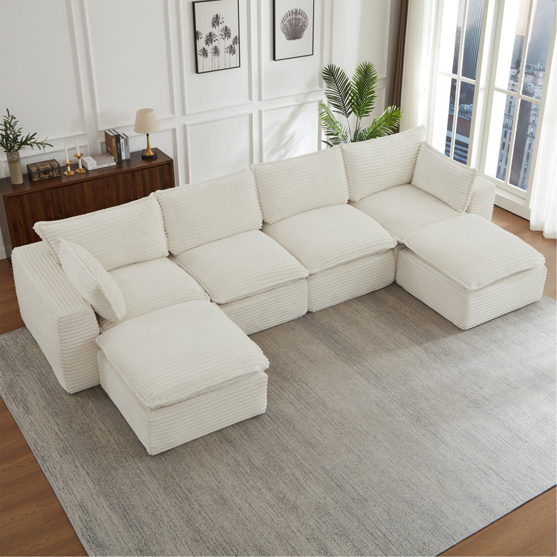 Cloud Sectional Couches For Living Room, Convertible U-Shape Couch With Ottoman, White