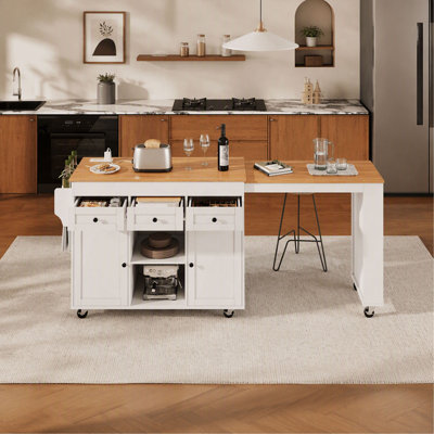 KK 85.5" Kitchen Island with Extendable Dining Table, Kitchen Storage Table with 3 Side Open Shelves, Rolling Kitchen Island with Power Outlet, 3 Dra