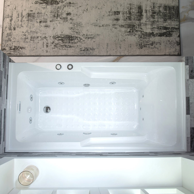 60" x 30" Whirlpool Heated Rectangular Alcove Acrylic Bathtub with Chrome/Matte Black Drain and Overflow, Right