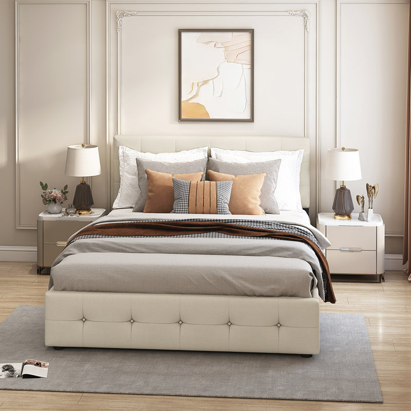 Grand lit plateforme avec rangement Beneduce, Beige