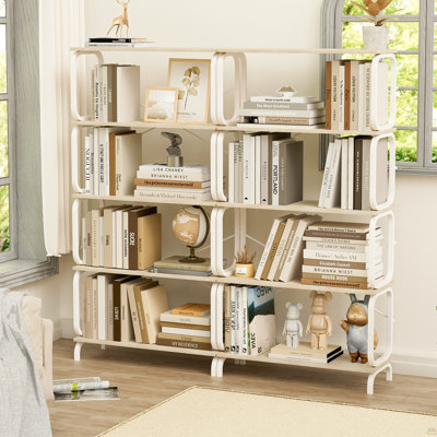 Grande bibliothèque à 5 niveaux, bibliothèque ouverte pour bureau à domicile, tablettes pour le salon, tablette de bureau, bibliothèque de style industriel rétro avec structure en métal blanc, blanc