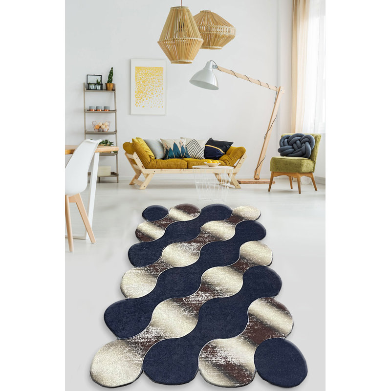Tapis doré / bleu foncé / beige Fenley, Rectangle 4 pi 11 po x 7 pi 10 po
