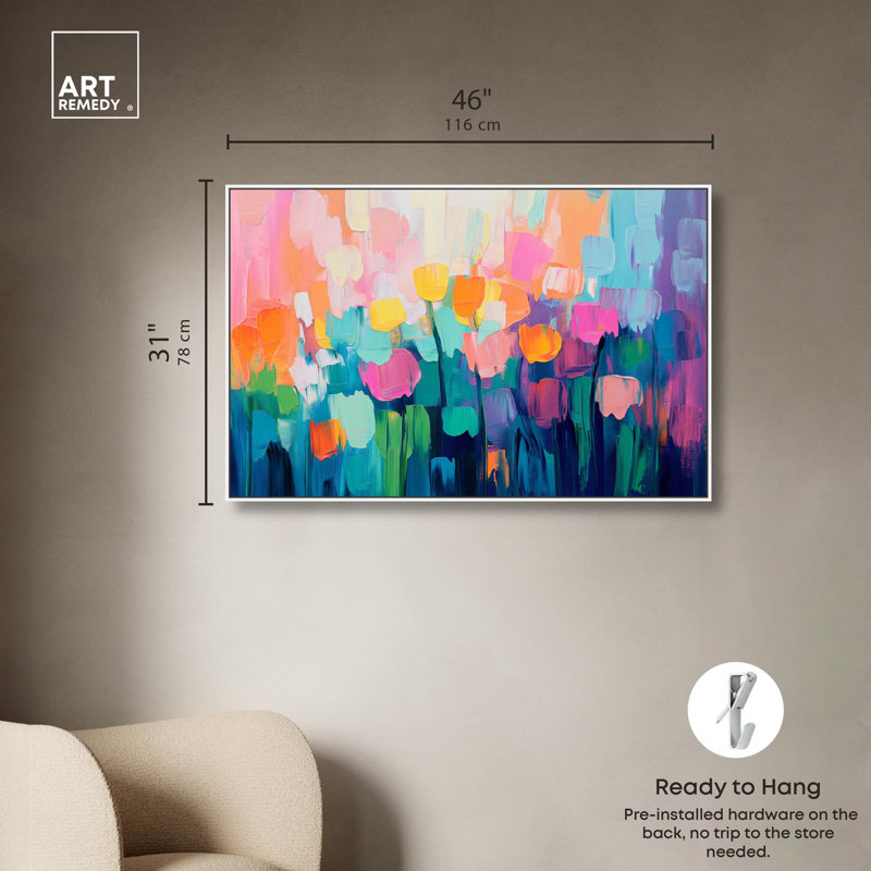 Art, art floral, fleurs abstraites, II, H 31 po x l 46 po, Cadre flottant blanc