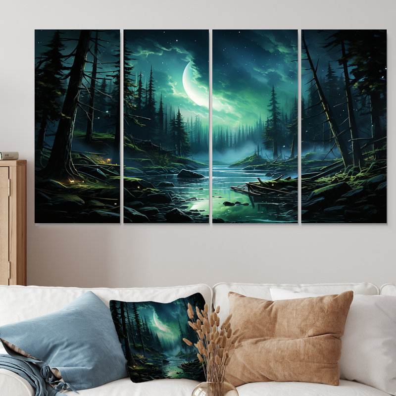 «Northern Lights Forest Dreams II - Forest River Mountains», ensemble d'art mural 4 pièces, H 32 po x l 64 po