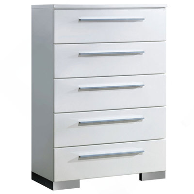 Contemporary Style 1Pc Chest Five English Dovetail Drawers Chrome Handle And Feet Metal Ball Bearing Glides High Gloss Coating Glossy