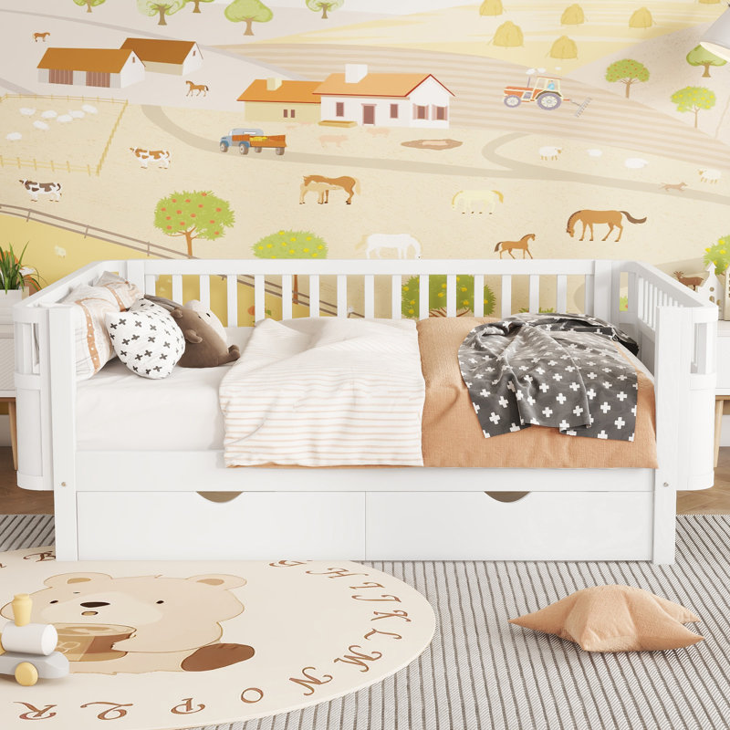Lit double en bois blanc - coins sécuritaires, rangement profond, Lit double