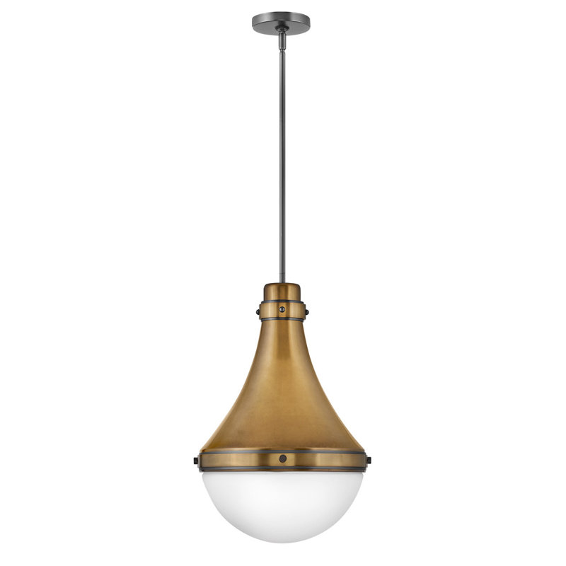 Oliver Adjustable Pendant Light w/ Etched Opal Glass, Heritage Brass, 21.25" H x 14.25" W x 14.25" D
