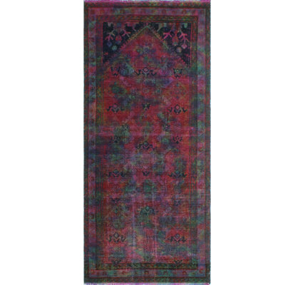 One-of-a-Kind 3'5" x 7'9" 1980s Runner Wool Area Rug in Green and Pink