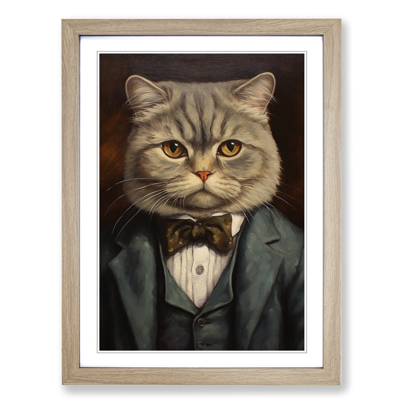 Cat In A Suit Painting No.5 - Single Picture Frame Print on Wood, 64cm H x 46cm W x 2cm D, Oak Framed