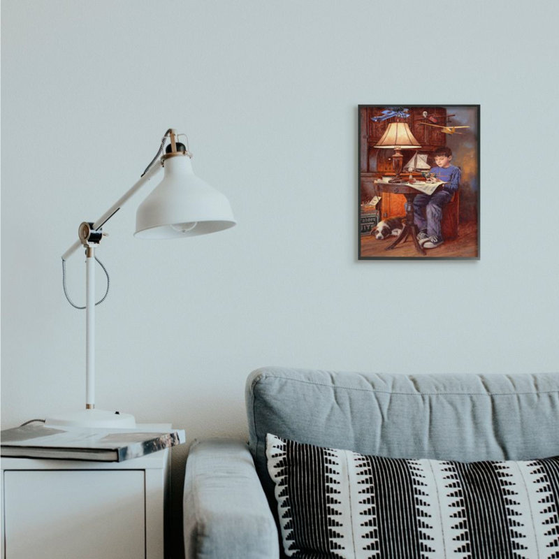 Impression d’art graphique garçon avec avion chien chien bleu par Jim Daly, H 14 po x l 11 po, Giclée encadrée noir minuit