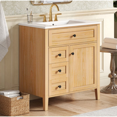 Meuble-lavabo de ferme en bois naturel avec lavabo en céramique intégré, tiroirs à fermeture en douceur et plateau basculant, support de rangement latéral de la porte et tablette intérieure réglable