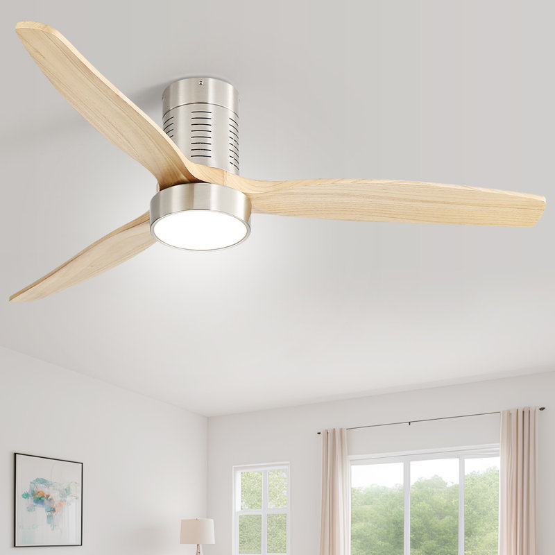 Ventilateur de plafond encastré à DEL de 52 po Kemp, Nickel brossé / pales en bois clair