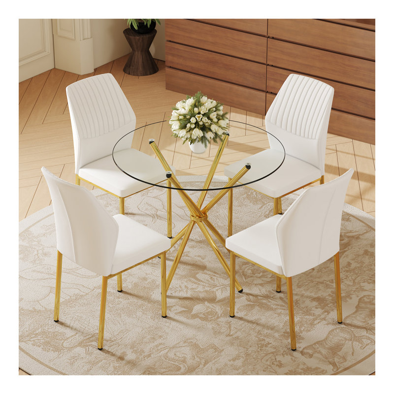 Ensemble de salle à manger 4 pièces avec table ronde en verre trempé de 36,6 po et chaises blanc-doré - Style moderne et luxueux pour le salon et la cuisine. Convient à divers styles de décoration intérieure.