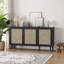Buffet moderne noir avec 3 portes en rotin naturel - Grande console de rangement pour le vestibule, le salon et la cuisine-691395788-691395791