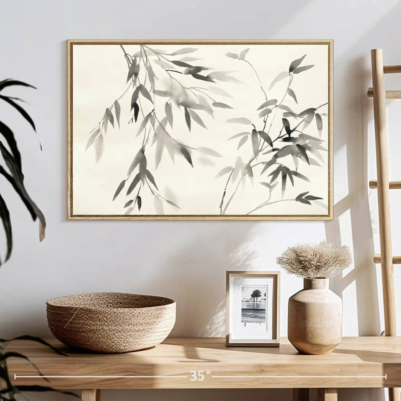 Feuilles de bambou II, Cadre flottant en bois naturel, 25 po x 17 po