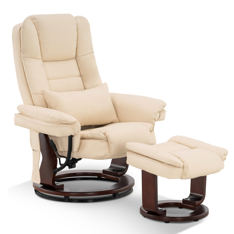 Faux Leather Recliner Chair with Massage and Ottoman, 360 Degree Swivel, Removable Lumbar Pillow, Cream White