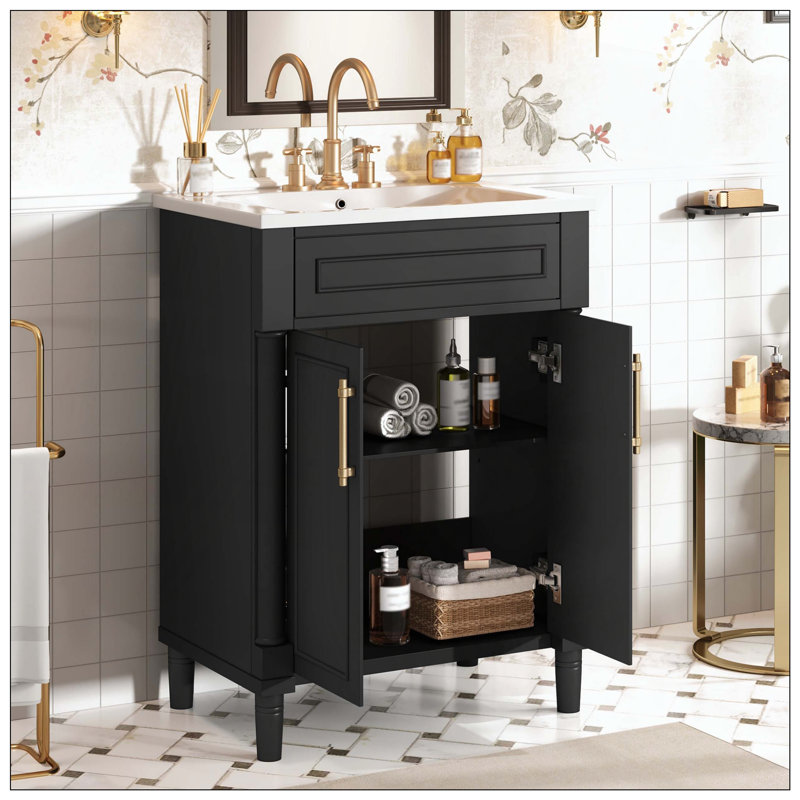 Meuble-lavabo encastré en céramique 2 portes pour salle de bain, Noir