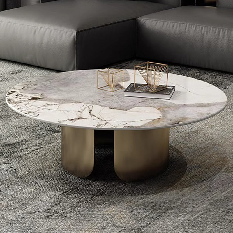 Table basse ronde en pierre blanche avec acier au carbone, 19.69" H x 31.5" W x 31.5" D, White / Bronze gold