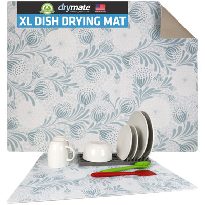 XL Dish Drying Mat, Kitchen Counter Drip Pad - Absorbent, Waterproof, Slip-Resistant, Machine Washable (19" x 24") (Light Blue Floral) (USA Made)