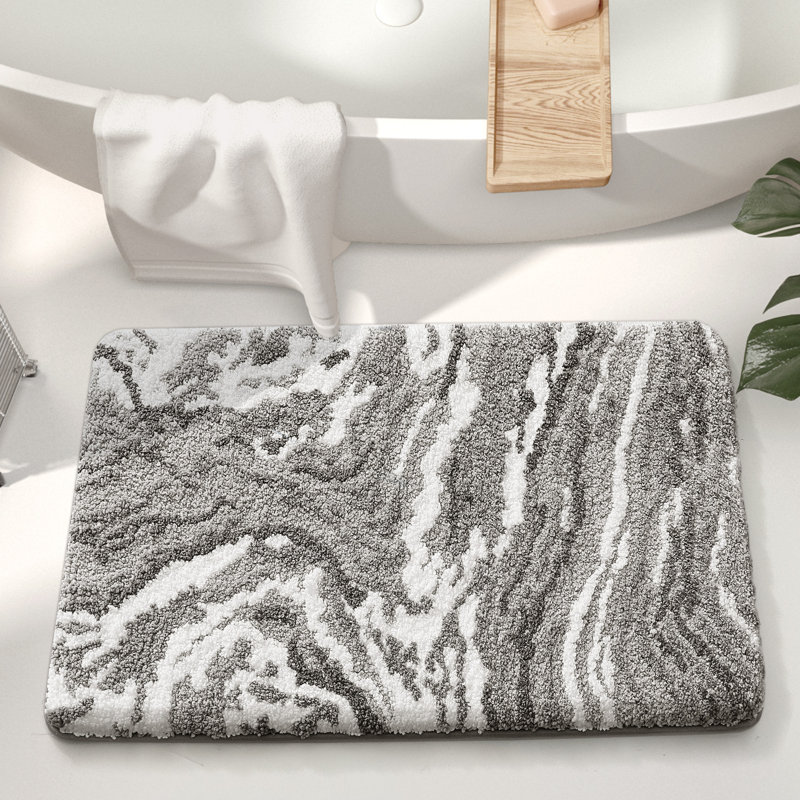Non Slip Bath Rug, Single - 30" L x 17" W, Gray/White Abstract