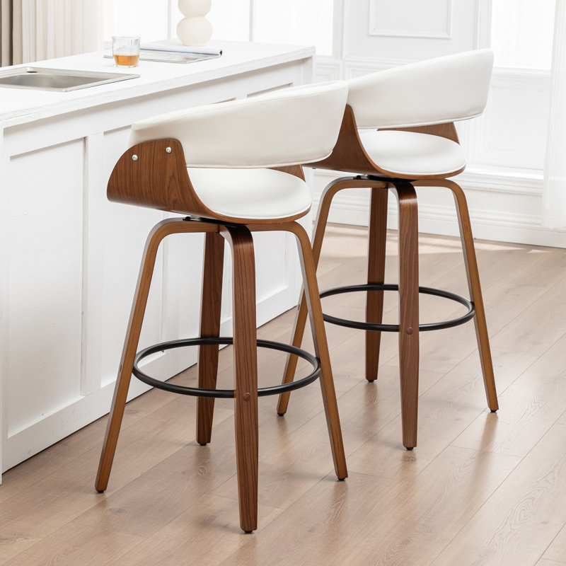 Tabourets pivotants Mid-Century rembourrés en similicuir Devlin, Blanc, Tabouret de bar (siège d'une hauteur de 29,5 po)