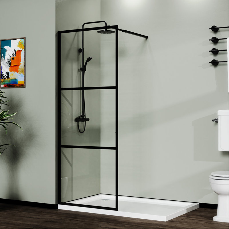 34" Black Shower Screen Door For - Thick Tempered Glass Firmly Held By Adjustable Upper Bar Style , 0.2" Strong Support To Wall Assembly Required