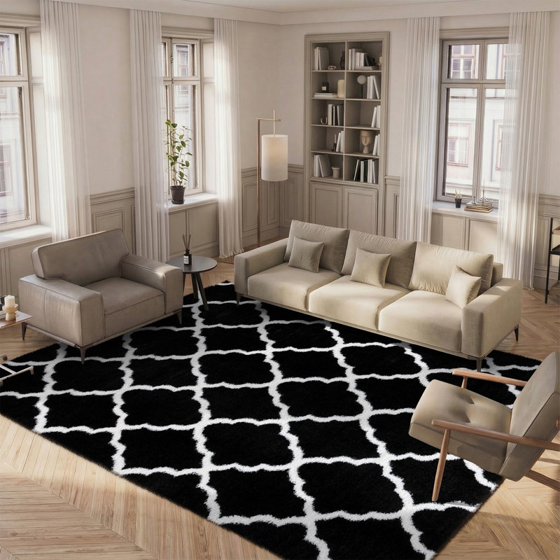 Tapis noir et blanc à motif géométrique, Rectangle 8 pi x 10 pi
