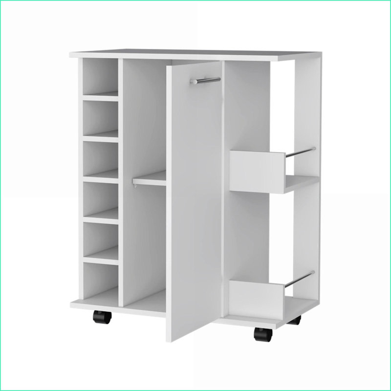 Chariot-bar avec roulettes, support à vin à 6 fentes et amp; Tablettes de rangement | Blanc neige | Bois d'ingénierie