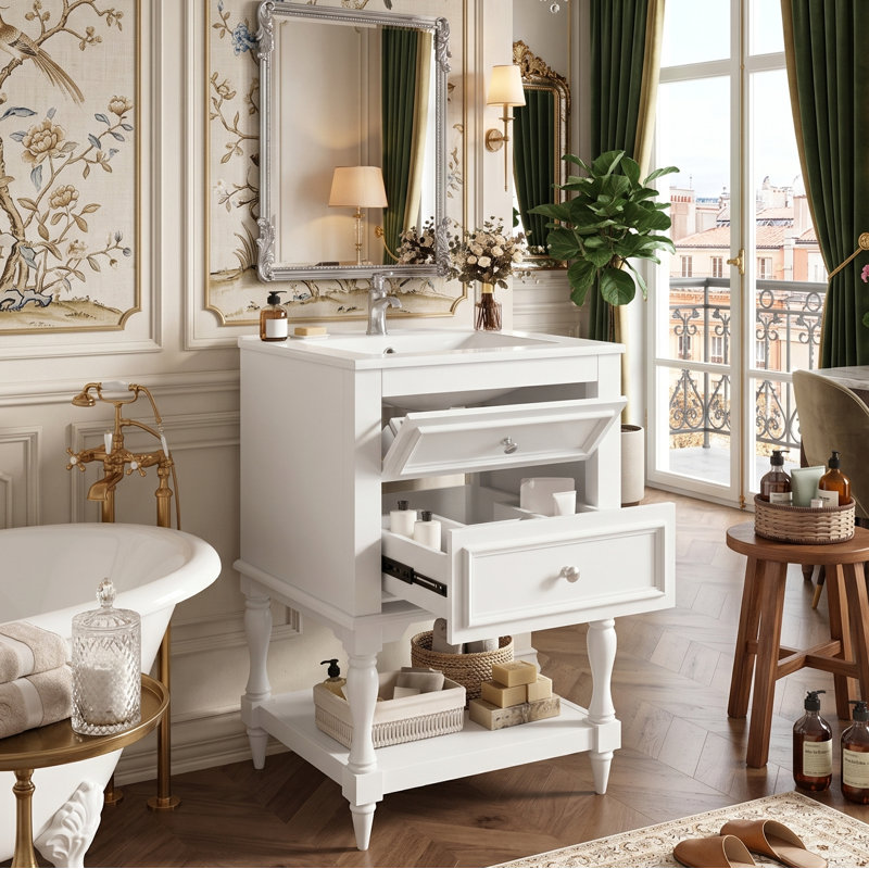 Meuble-lavabo de style rétro 20 po avec comptoir en céramique, meuble-lavabo simple avec 1 tiroir rabattable, 1 tiroir en forme de U et tablette de rangement ouverte, pieds en bois massif sculpté (disponible en noir, blanc et abricot)